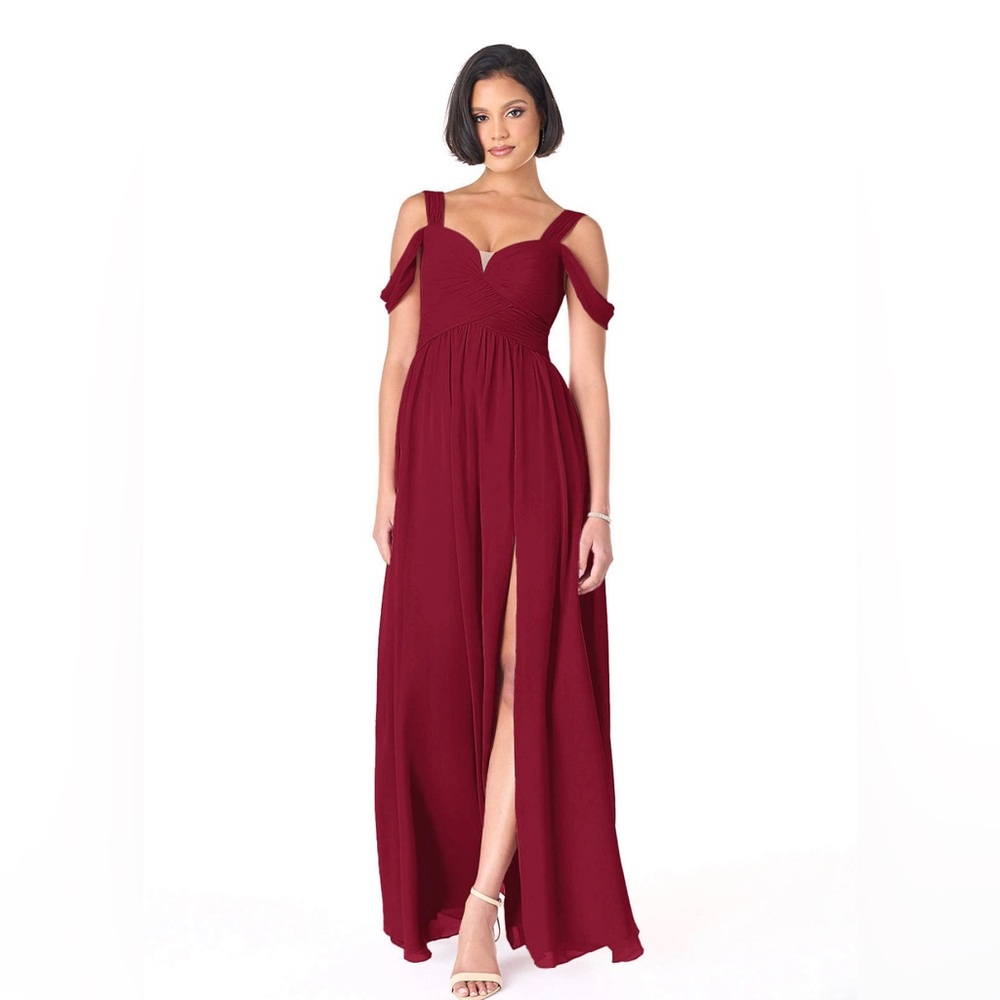 AZAZIE LIANNE EUC BURGUNDY A-LINE OFF THE SHOULDER CHIFFON DRESS SIZE A6 (US 6)
